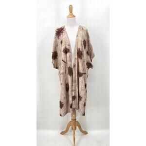 TIENDA HO Vintage Kimono Womens OS Brown Linen Floral Open Front Dolman Sleeve